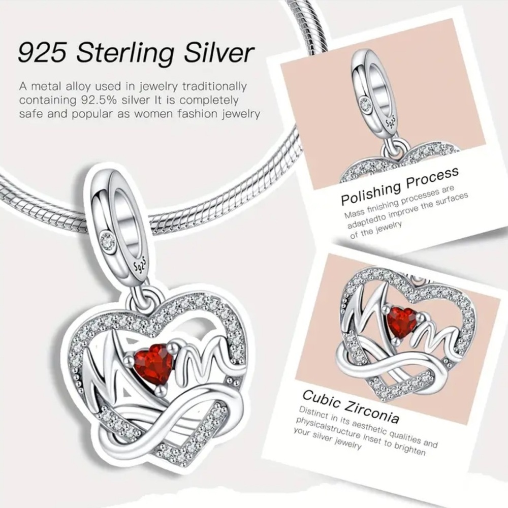 Pandora 925 Silver Heart Infinity “Mom” Charm Pendant with Red Gemstone - Picture 3 of 8